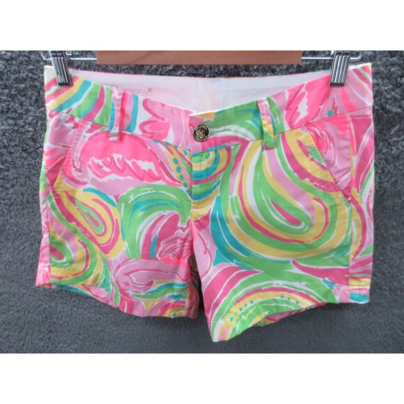 Lilly Pulitzer Pinks Green Yellows Flamingo The Callahan 5 Inch Shorts Size 0 - Picture 1 of 14